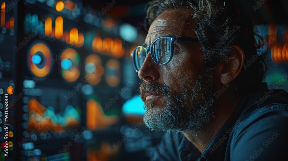 Focused Analyst Reviewing Data Metrics in a Dimly Lit Control Room During Nighttime. Generative AI Focused Analyst Reviewing Data Metrics in a Dimly Lit Control Room During Nighttime. Generative AI