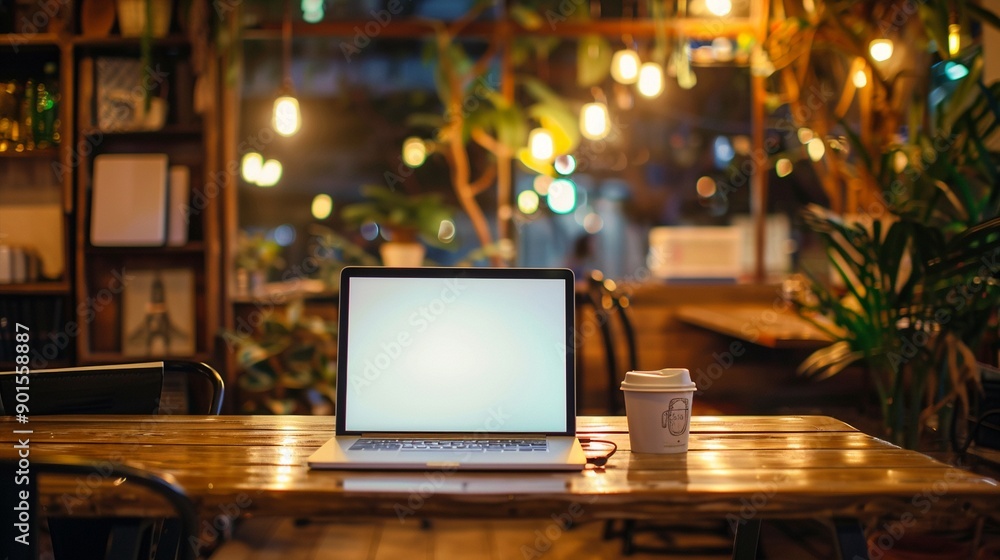 Cozy cafe ambiance with open laptop and coffee cup on wooden table, warm lighting and blurred background create inviting workspace atmosphere. Cozy cafe ambiance with open laptop and coffee cup on wooden table, warm lighting and blurred background create inviting workspace atmosphere.