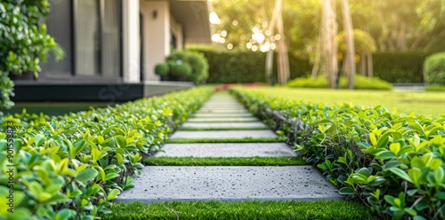 An attractive garden walkway complemented by contemporary landscaping, modern garden walkway, pathway