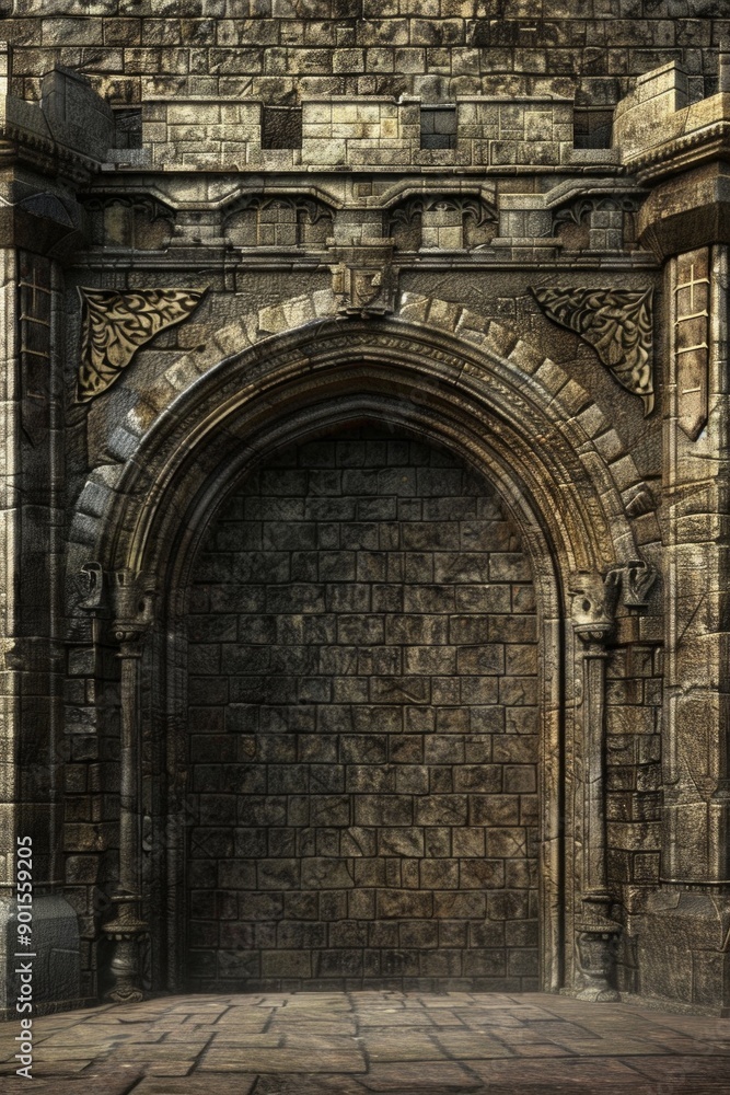 Fantasy Castle Gate Frame. A frame of towering stone gates, intricate carvings, and fluttering banners. Fantasy Castle Gate Frame. A frame of towering stone gates, intricate carvings, and fluttering banners.