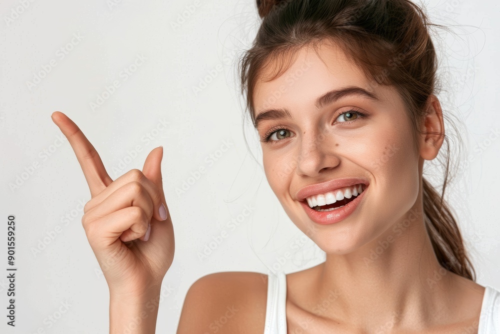 White studio background with pointing, astonishment, woman delighted, announcement, and happiness. Impress someone or model with shock, hand sign, choice, ideas, promotion, and news. White studio background with pointing, astonishment, woman delighted, announcement, and happiness. Impress someone or model with shock, hand sign, choice, ideas, promotion, and news.