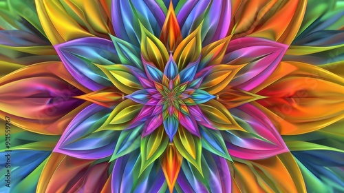 In a spectrum of colors, this abstract digital artwork has a symmetrical design with flowing, intertwining shapes.