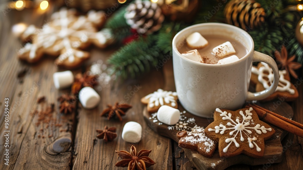Cozy winter scene with hot chocolate, marshmallows, and festive gingerbread cookies surrounded by pine branches and spices on rustic wooden table. Cozy winter scene with hot chocolate, marshmallows, and festive gingerbread cookies surrounded by pine branches and spices on rustic wooden table.