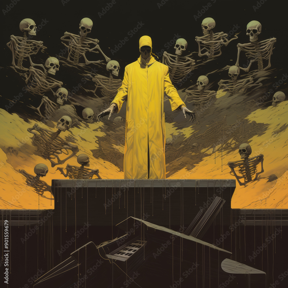 Fototapeta premium Weird Art Lofi Album Cover Art: Phantom Musician on Yellow Block