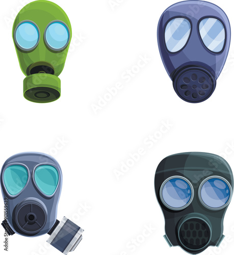 Respirator mask icons set cartoon vector. Various type of chemical mask. Environment pollution