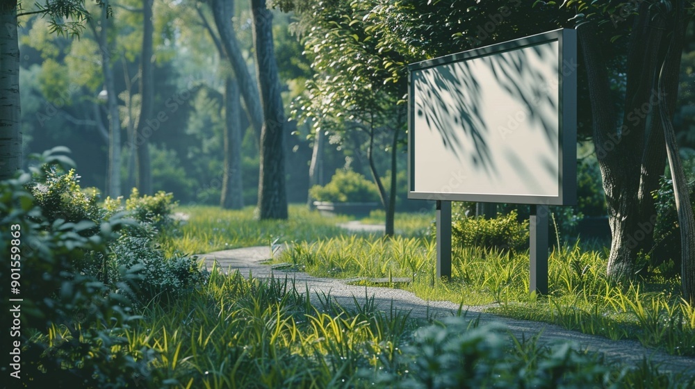 Serene park pathway with a blank information board, surrounded by lush greenery and dappled sunlight filtering through trees on a tranquil morning. Serene park pathway with a blank information board, surrounded by lush greenery and dappled sunlight filtering through trees on a tranquil morning.