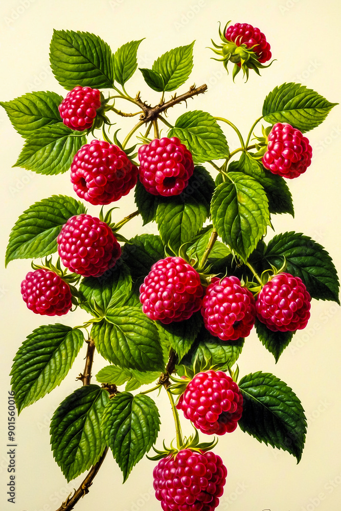  raspberry branches on a white background, berries and leaves. Raspberries are bright pink, and the leaves are black and green.