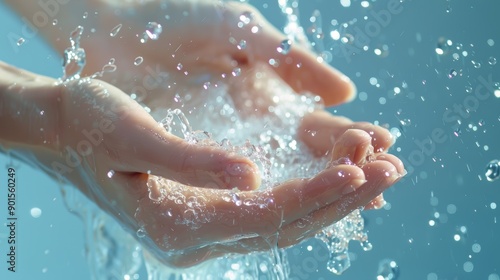 Cleaning, hands and water splash on woman in studio, blue background, healthcare mockup, Skincare washing. Model or closeup of clean, soap, or bubbles for bacteria protection.