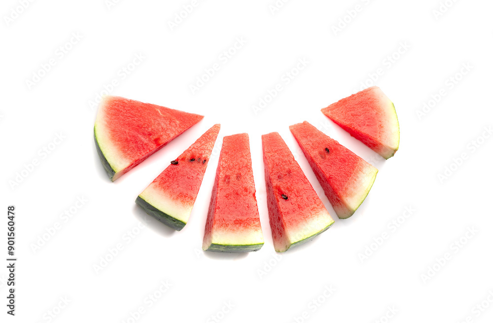 Watermelon pieces isolated. Water melon wedges pile, chopped Citrullus lanatus, red wassermelone cuts group Watermelon pieces isolated. Water melon wedges pile, chopped Citrullus lanatus, red wassermelone cuts group
