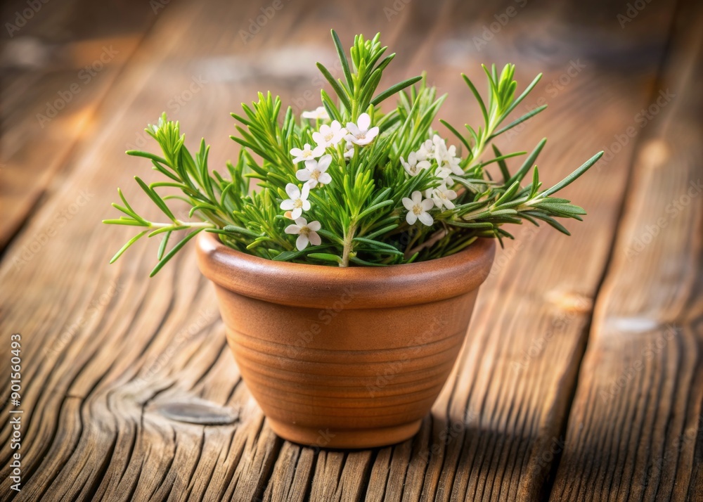Fototapeta premium Fresh green rosemary leaves with delicate white flowers in a small terracotta pot on a rustic wood table, perfect for herbal remedies and culinary uses.