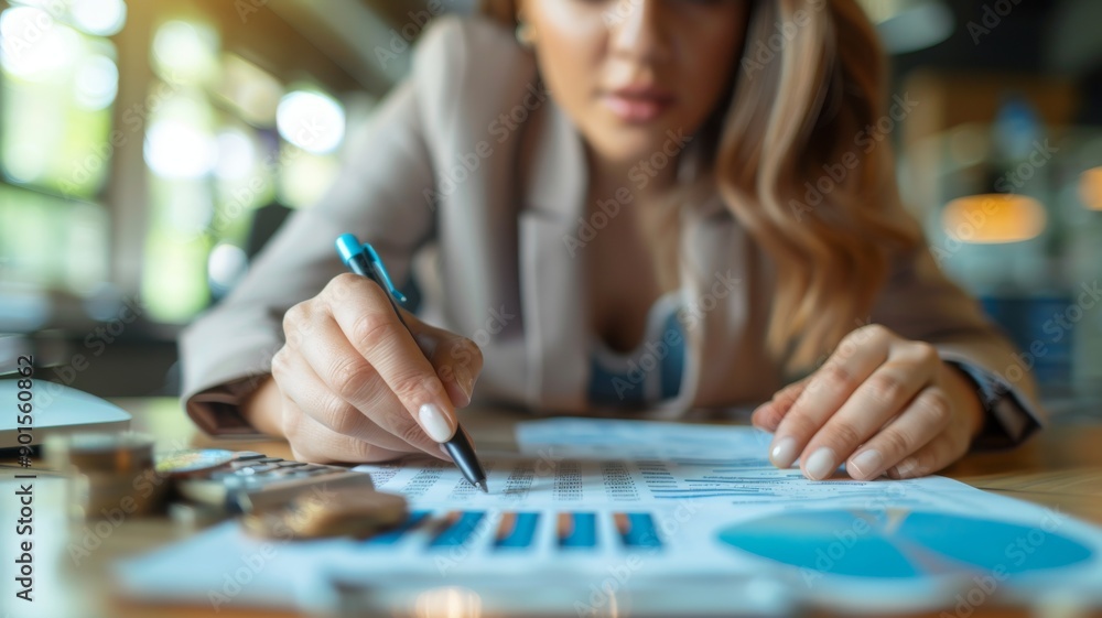 Fototapeta premium Businesswoman Analyzing Financial Data on Graphs and Charts in a Modern Office Setting
