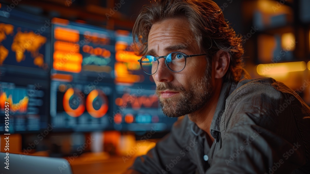 Analyzing Market Trends at Night in a High-Tech Financial Office Setting. Generative AI Analyzing Market Trends at Night in a High-Tech Financial Office Setting. Generative AI