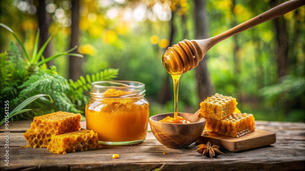 Golden turmeric honey pouring from a wooden spoon into a natural honeycomb on a rustic wooden table in a lush forest. Golden turmeric honey pouring from a wooden spoon into a natural honeycomb on a rustic wooden table in a lush forest.