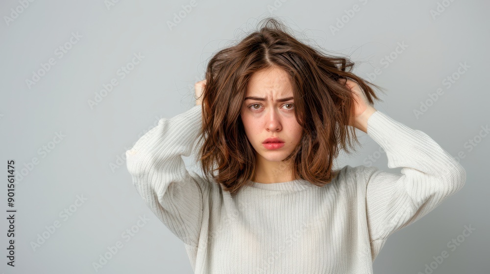 A young woman with messy hair looks stressed, expressing emotions of frustration and anxiety in a minimalist setting. A young woman with messy hair looks stressed, expressing emotions of frustration and anxiety in a minimalist setting.
