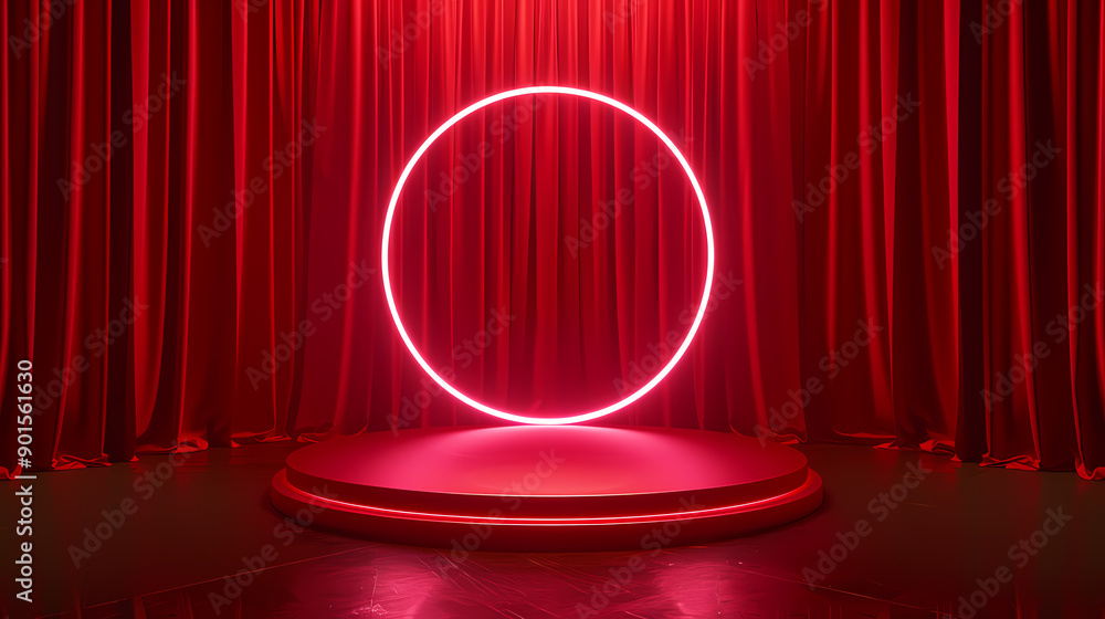 Neon product exhibition stand with red curtain Neon product exhibition stand with red curtain