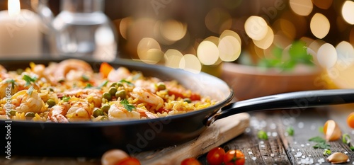 Shrimp Paella in Skillet With Herbs