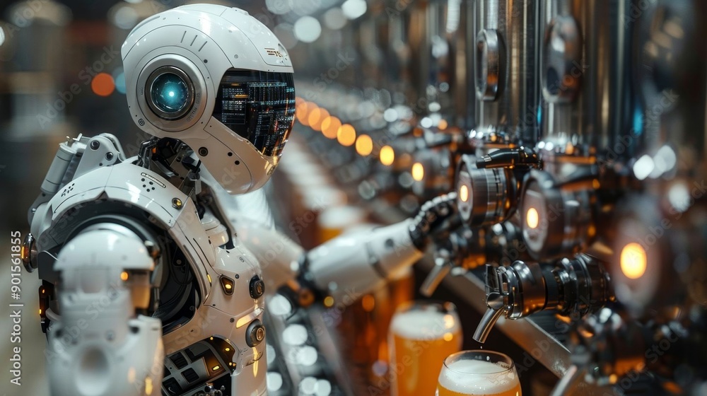 A humanoid robot operates beer brewing equipment in a modern, high-tech brewery, automating the production process. A humanoid robot operates beer brewing equipment in a modern, high-tech brewery, automating the production process.