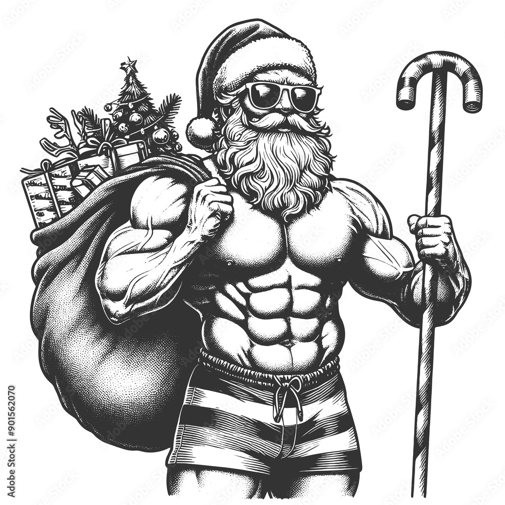 Obraz premium muscular Santa Claus in sunglasses, shorts, carrying sack of gifts and candy cane sketch engraving generative ai fictional character raster illustration. Scratch board imitation. Black and white image