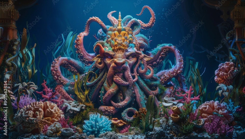 Underwater scene showcasing a regal creature with octopus-like tentacles and standing motionless. Underwater scene showcasing a regal creature with octopus-like tentacles and standing motionless.