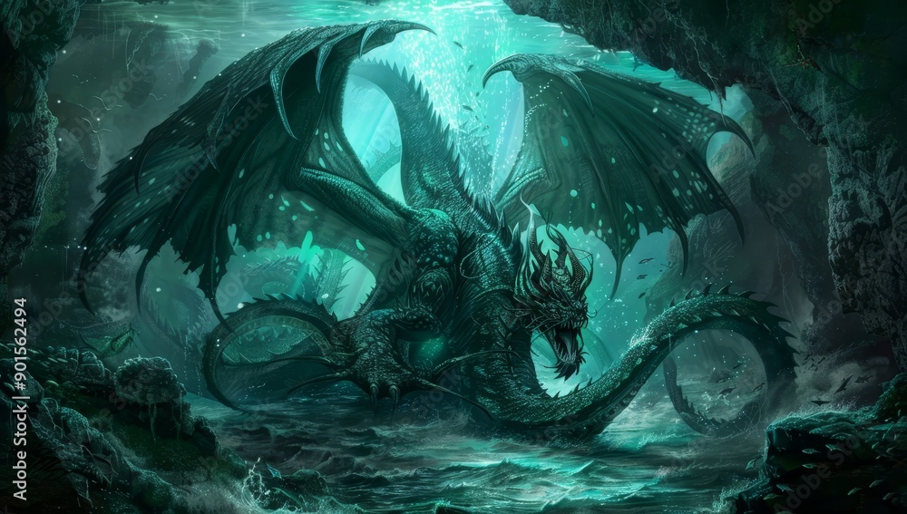 A regal creature with octopus-like tentacles emerges from the shadows of an underwater cave in this underwater scene. A regal creature with octopus-like tentacles emerges from the shadows of an underwater cave in this underwater scene.