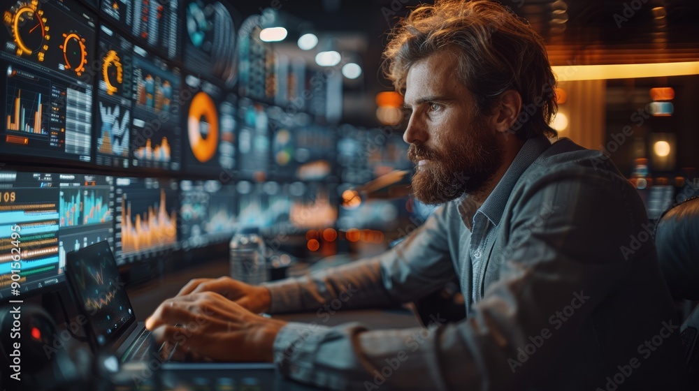 Focused Male Analyst Working With Complex Data on Multiple Screens in Evening Setting. Generative AI Focused Male Analyst Working With Complex Data on Multiple Screens in Evening Setting. Generative AI