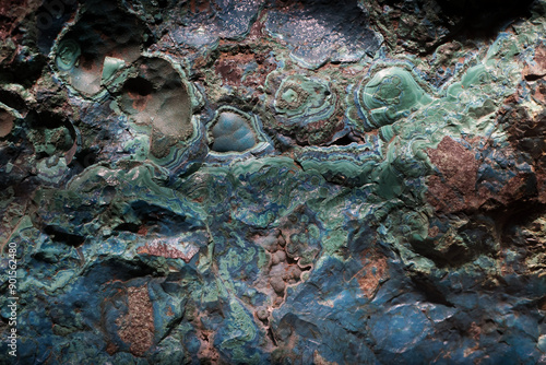 Chrysocolla is a hydrous copper phyllosilicate mineral and mineraloid with the formula Cu
2 – xAl
x(H
2Si
2O
5)(OH)
4⋅nH
2O (x < 1)[1] or (Cu, Al)
2H
2Si
2O
5(OH)
4⋅nH
2O)