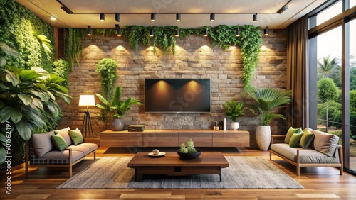 Luxurious modern living room with sleek tv unit against rustic stone wall, surrounded by lush greenery and warm golden lighting atmosphere.
