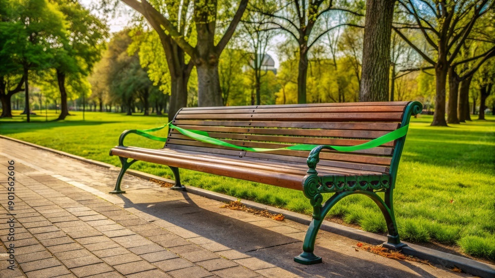 Fototapeta premium Serene empty outdoor bench with measured green tape marking social distance sitting areas in a peaceful urban park landscape.
