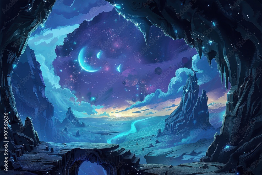 Fototapeta premium Mystical Glowing Landscape with Crescent Moons and Stars