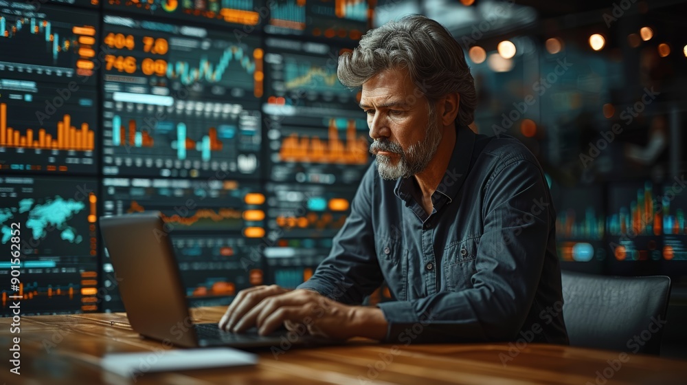Focused Business Professional Analyzing Market Trends in Modern Workspace During Evening Hours. Generative AI Focused Business Professional Analyzing Market Trends in Modern Workspace During Evening Hours. Generative AI