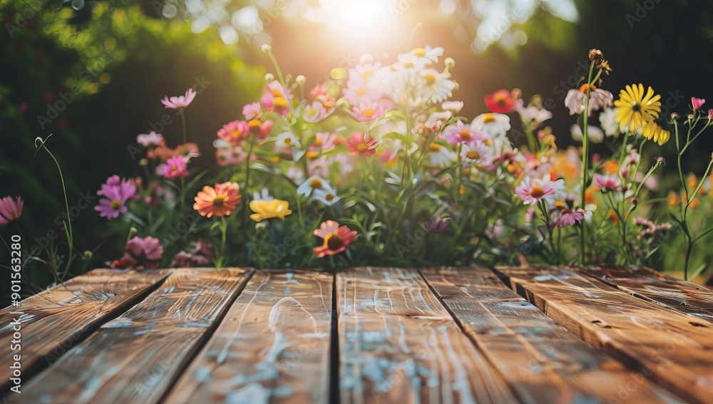 The vivid garden full of colorful summer flowers with the sharpened 3D rendering background allows you to relax at a wooden table The vivid garden full of colorful summer flowers with the sharpened 3D rendering background allows you to relax at a wooden table