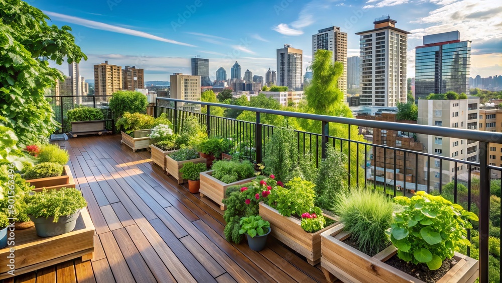 Fototapeta premium Lush green urban balcony patio garden overflowing with organic vegetables and herbs, surrounded by modern cityscape, complete with Railings, planters, and wooden decking.