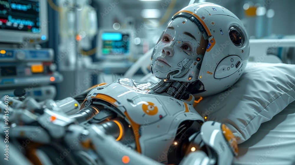 A humanoid robot lying on a hospital bed connected to medical equipment in a futuristic hospital ward. A humanoid robot lying on a hospital bed connected to medical equipment in a futuristic hospital ward.