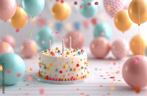 Birthday Cake With Balloons and Confetti