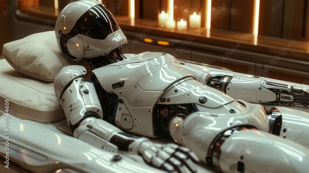 A futuristic humanoid robot relaxing in a spa environment with candles and a peaceful atmosphere. A futuristic humanoid robot relaxing in a spa environment with candles and a peaceful atmosphere.