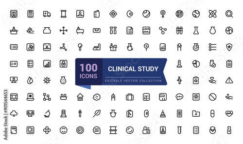 Clinical study and research line icon set. Collection and pack of linear web and ui icons. Editable stroke. Vector illustration.