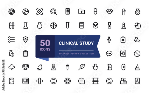 Clinical study and research line icon set. Collection and pack of linear web and ui icons. Editable stroke. Vector illustration.