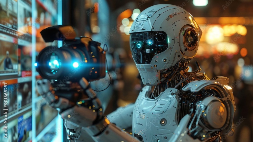 A high-tech humanoid robot using a digital camera, interacting with a user interface in a futuristic urban indoor setting at night. A high-tech humanoid robot using a digital camera, interacting with a user interface in a futuristic urban indoor setting at night.