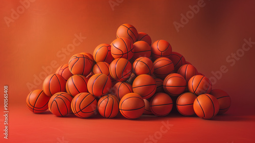 A bunch of basketballs on a red background.
