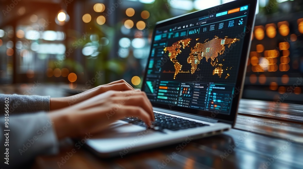Analyzing Global Data Trends on Laptop Screen While Working in Modern Office Environment. Generative AI Analyzing Global Data Trends on Laptop Screen While Working in Modern Office Environment. Generative AI