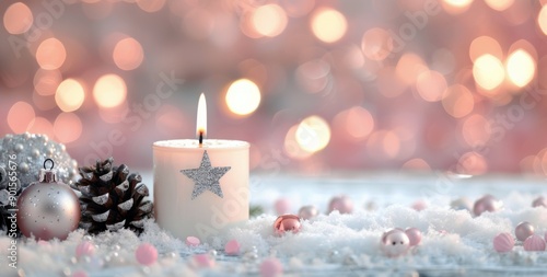 Candle With Star Decoration on Snowy Surface