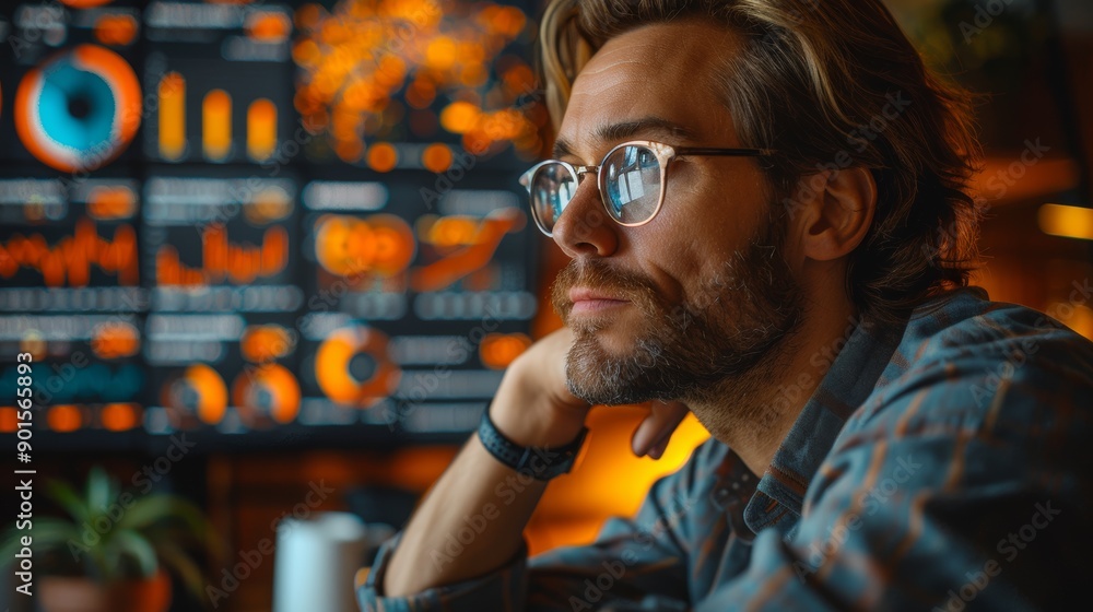 Thoughtful Man Analyzing Data Visualizations in Cozy Office During Evening Hours. Generative AI Thoughtful Man Analyzing Data Visualizations in Cozy Office During Evening Hours. Generative AI