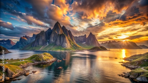 Dramatic landscape of Lofoten Island's towering rock formation basks in ethereal glow of high-latitude midnight sun, surrounded by vast, serene, and majestic Arctic wilderness.