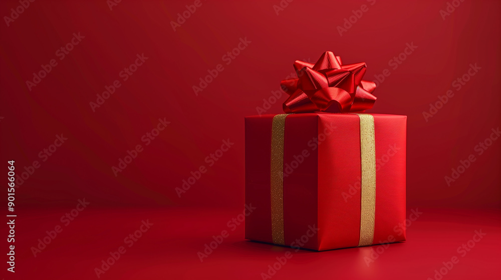 Red gift box present with gold ribbon bow isolated on a flat red background, birthday or Christmas day celebration. Banner design with space for text. Red gift box present with gold ribbon bow isolated on a flat red background, birthday or Christmas day celebration. Banner design with space for text.