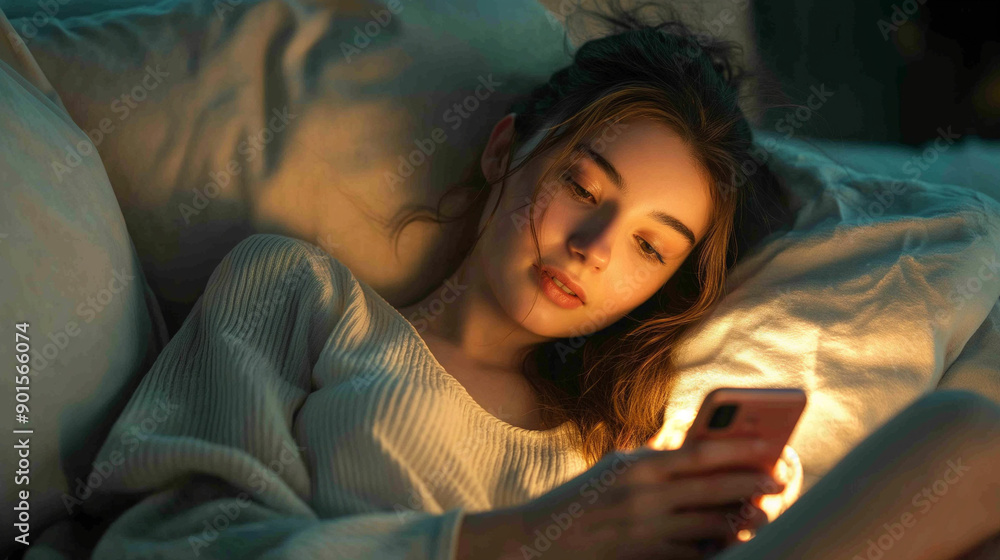A young woman lying down, possibly on a bed or a sofa. She is holding a smartphone in her hands and appears to be engrossed in its content. The lighting in the image is soft, casting a gentle glow
A young woman lying down, possibly on a bed or a sofa. She is holding a smartphone in her hands and appears to be engrossed in its content. The lighting in the image is soft, casting a gentle glow