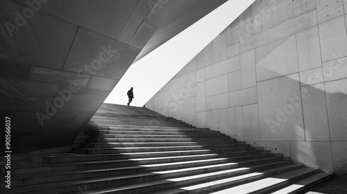 Ascending to the Light: A Man's Journey on Concrete Steps in Black and White