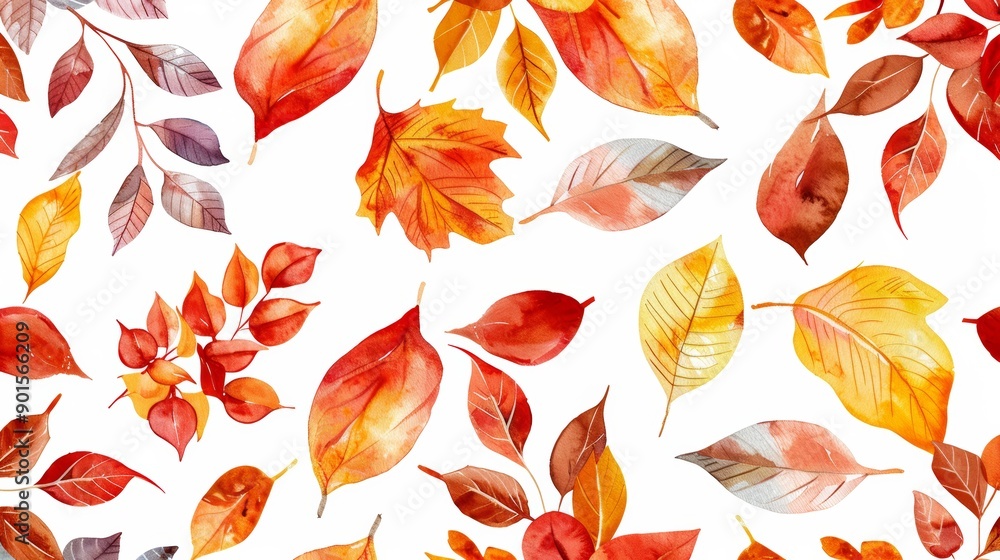 Obraz premium Autumn leaves in white watercolor seamless background, seamless background, pattern, white, watercolor