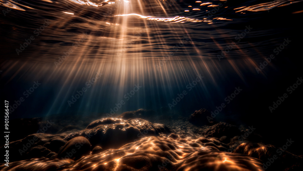 Obraz premium aquatic view, sunbeams illuminating underwater coral reef, wallpaper, background for presentation 
