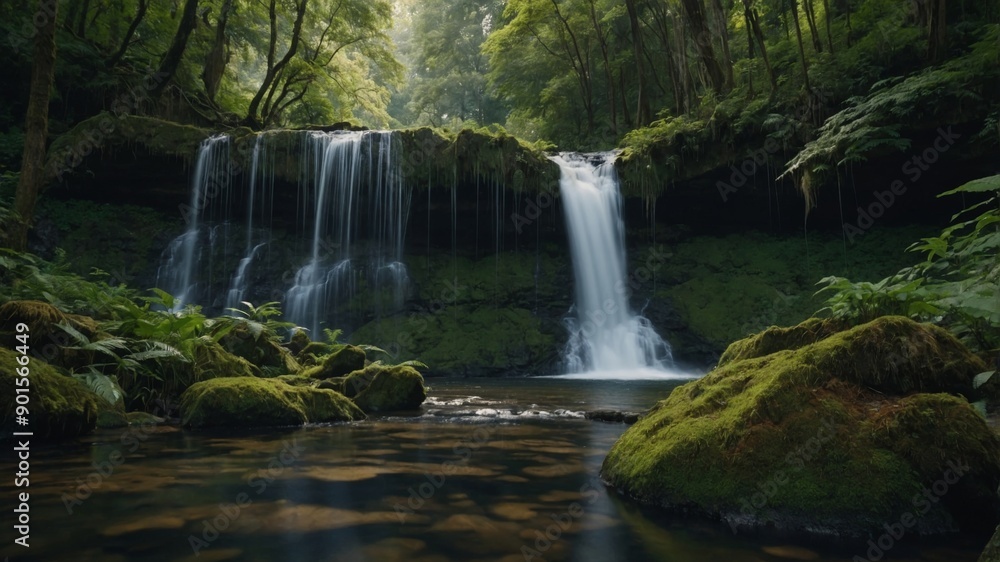 Scenic waterfall in a lush forest, tranquil scene, natural beauty. Scenic waterfall in a lush forest, tranquil scene, natural beauty.