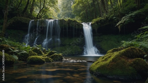 Scenic waterfall in a lush forest, tranquil scene, natural beauty.